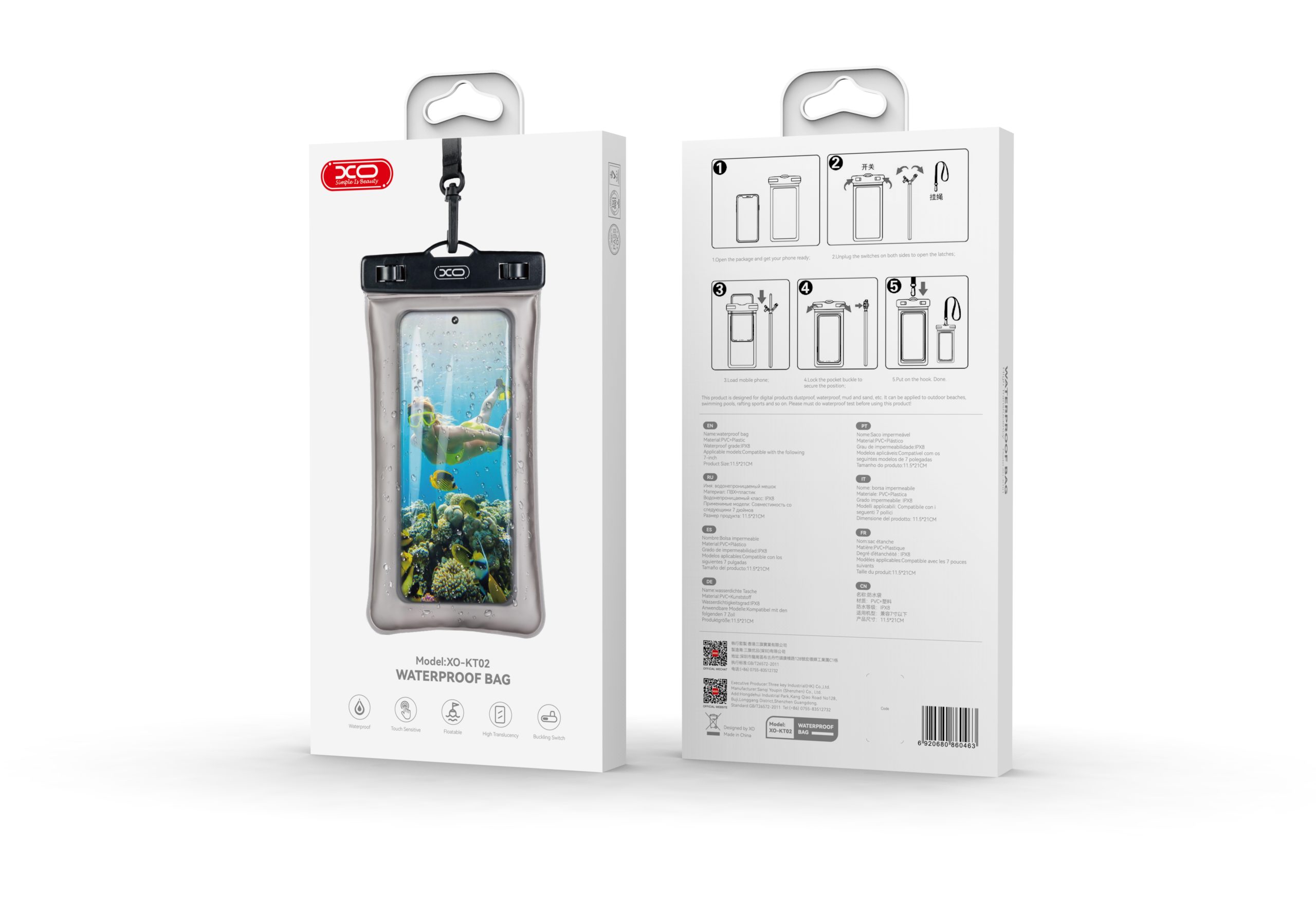 XO Cell Phone PVC Waterproof Pouch with Lanyard White KT02