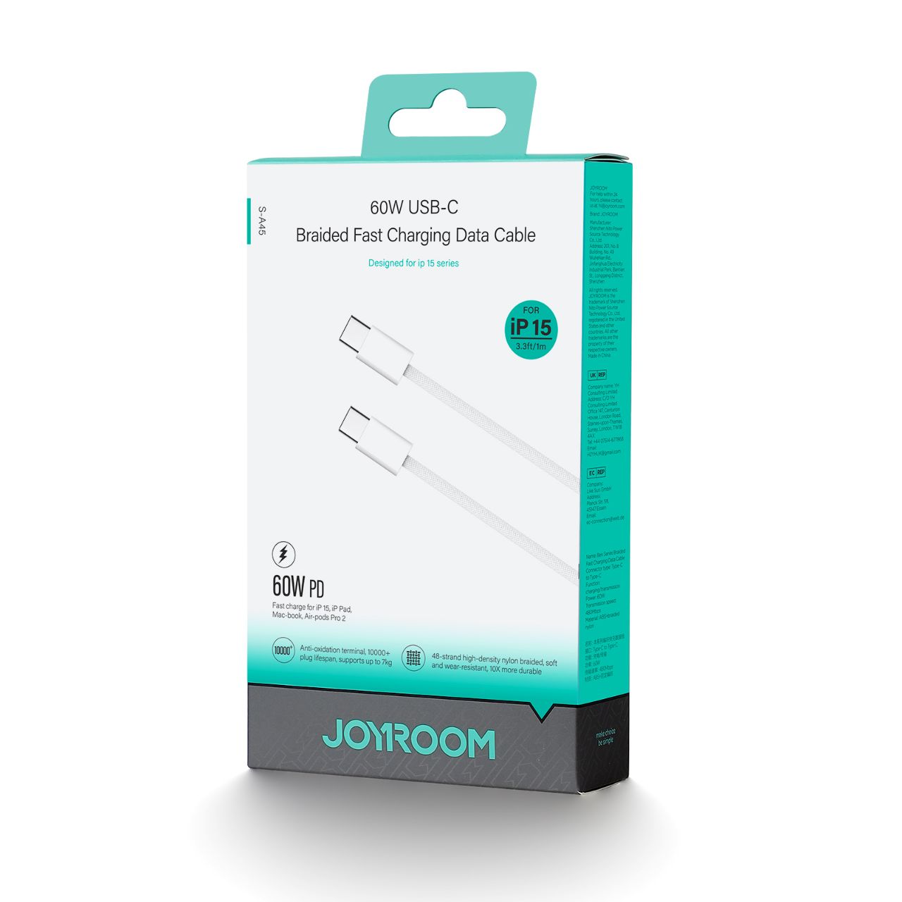 Joyroom Ben Series Braided 60W Fast Charging Data Cable (Type-C to Type-C) 1m-White S-A45