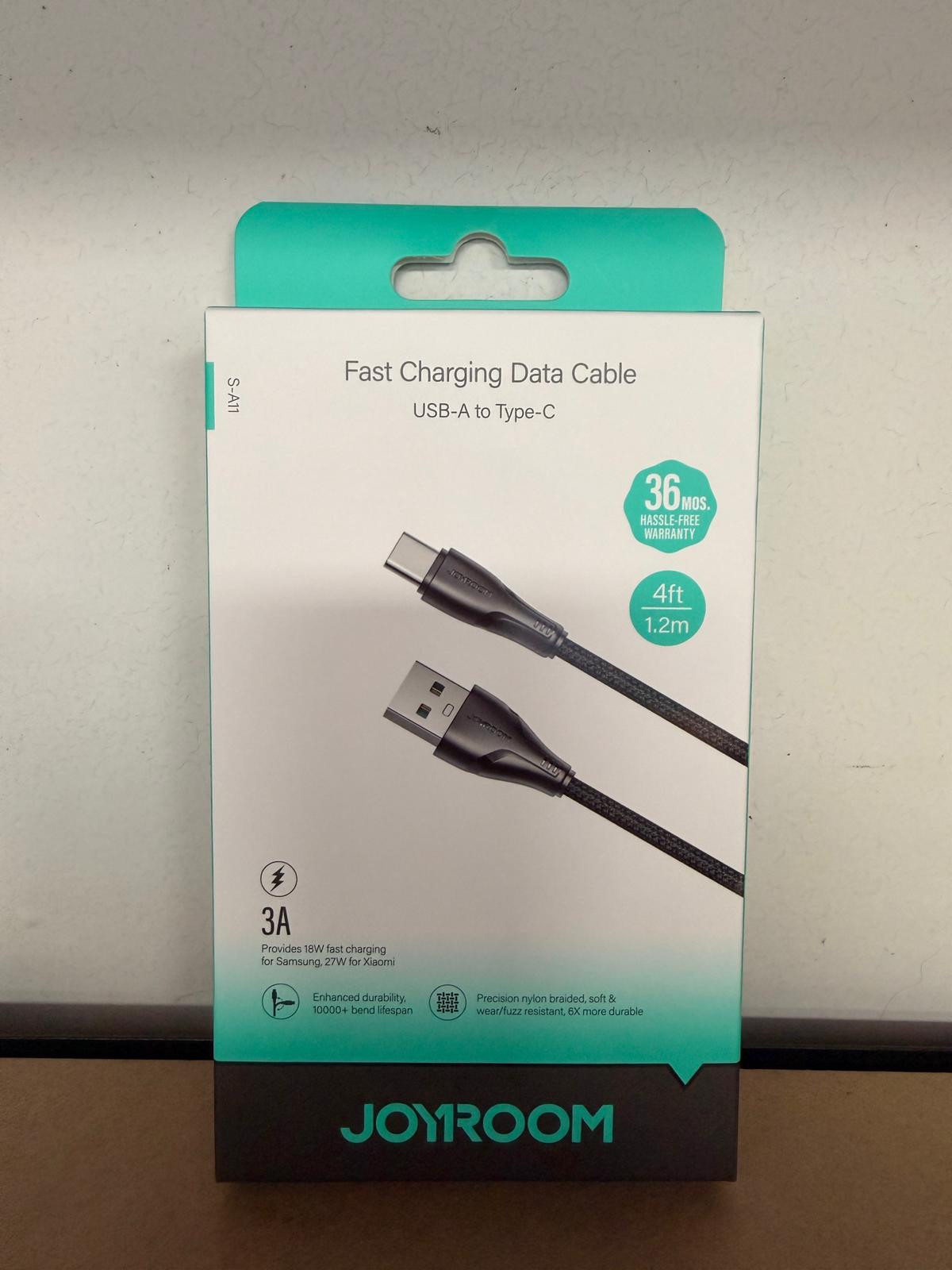 Joyroom USB-A to Type-C 1.2m-Black (Braided) 3A Fast Charging Data Cable S-A11