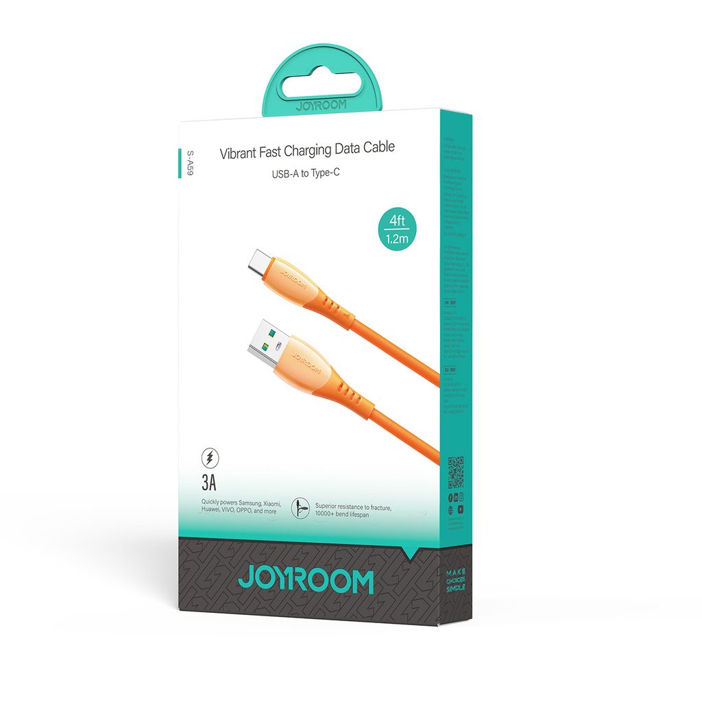 Joyroom USB A to Type-C 1.2m Orange 3A Fast Charging Data Cable S-A59