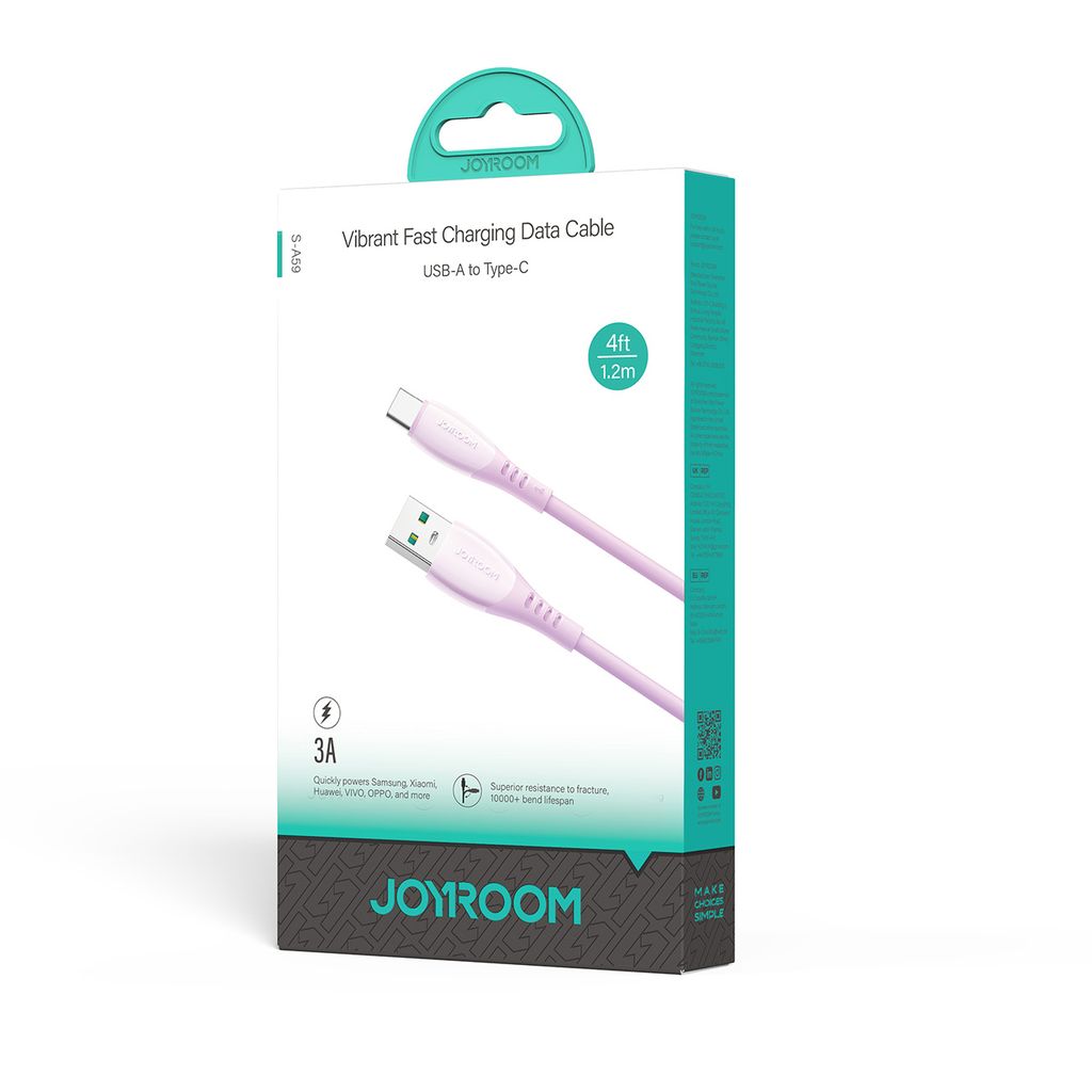Joyroom USB A to Type-C 1.2m Purple 3A Fast Charging Data Cable S-A59